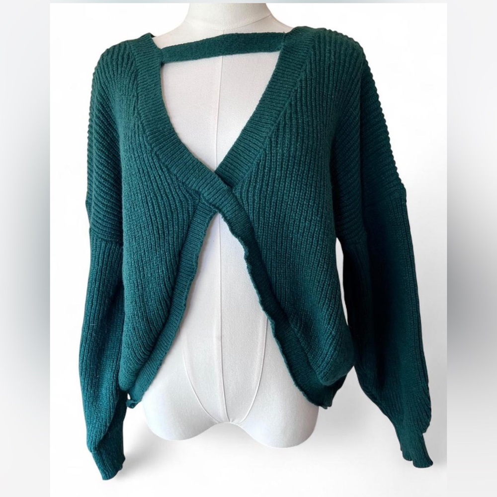 Deep Green Emerald V-Neck Sweater with Cutouts